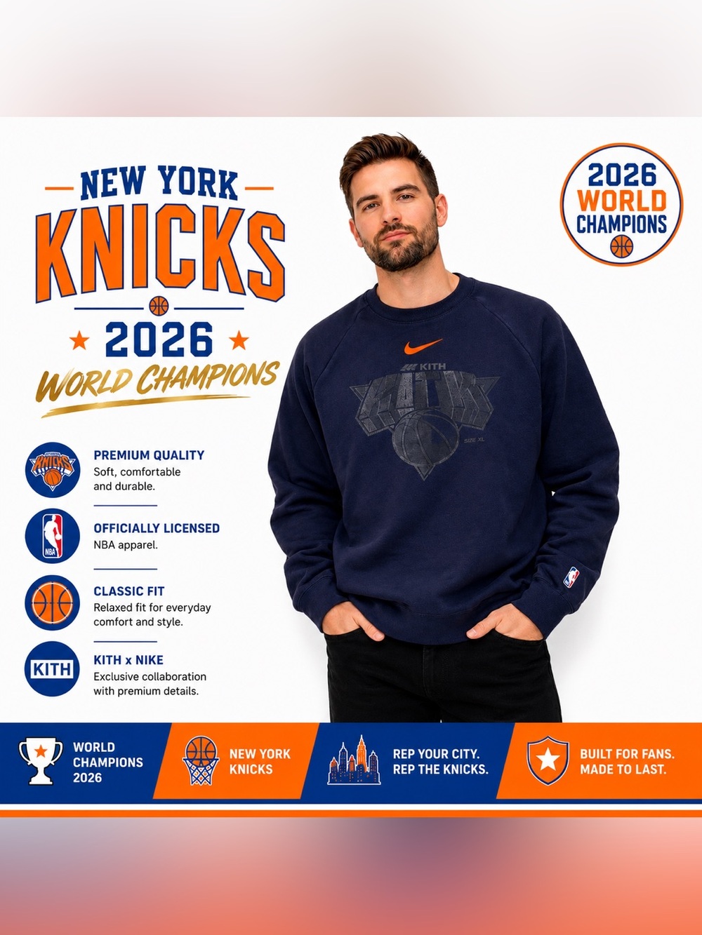 KITH x Nike New York Knicks Fleece Crewneck Sweatshirt Black Size XL Limited